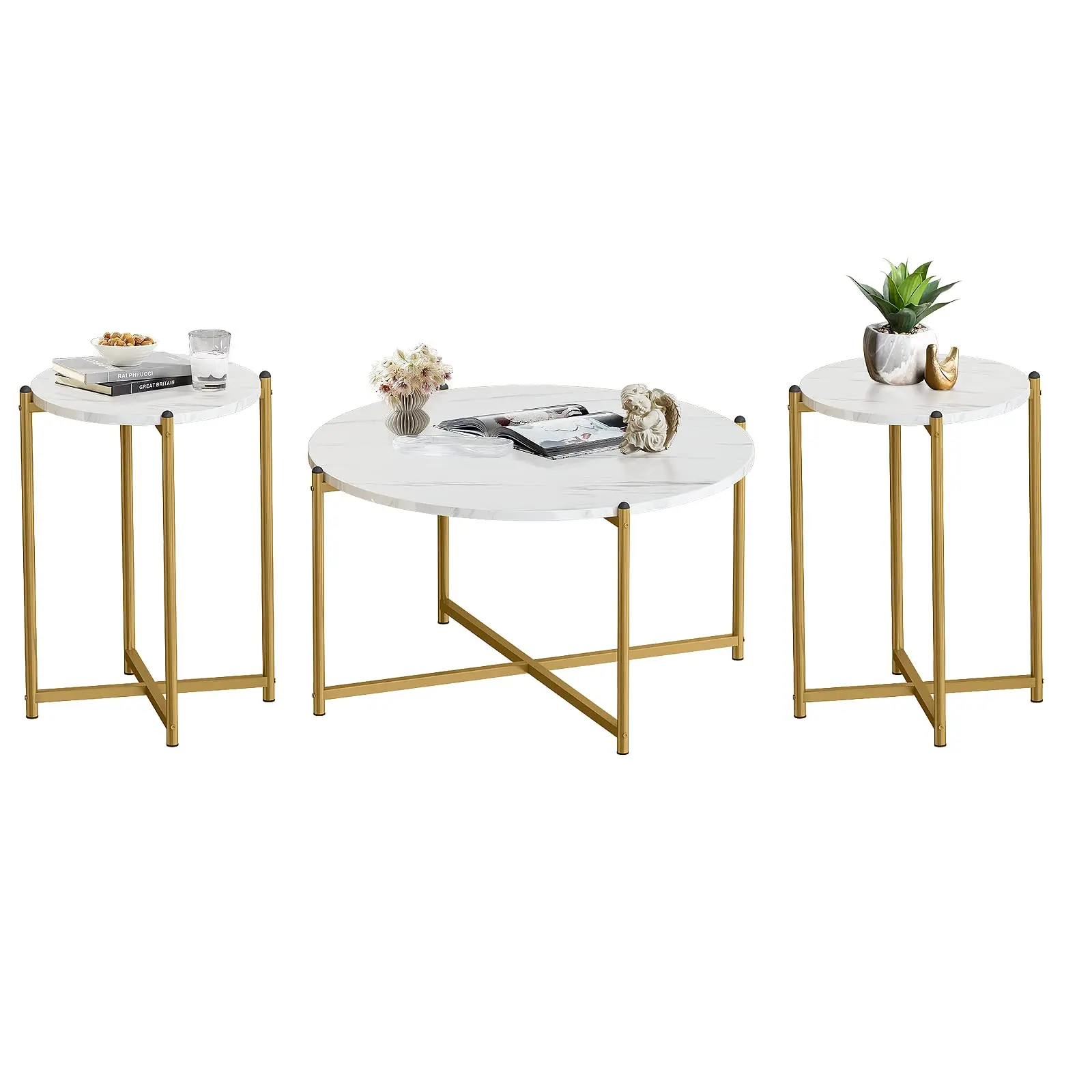 Lamerge Coffee Table Set of 3,Modern Faux Marble Top with Golden Frame,1 Coffee Table & 2 Accent Table, Living Room Table Set, for Apartment,Office and So on