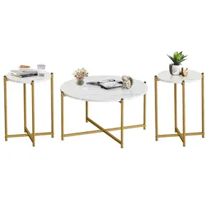 Lamerge Coffee Table Set of 3,Modern Faux Marble Top with Golden Frame,1 Coffee Table & 2 Accent Table, Living Room Table Set, for Apartment,Office and So on