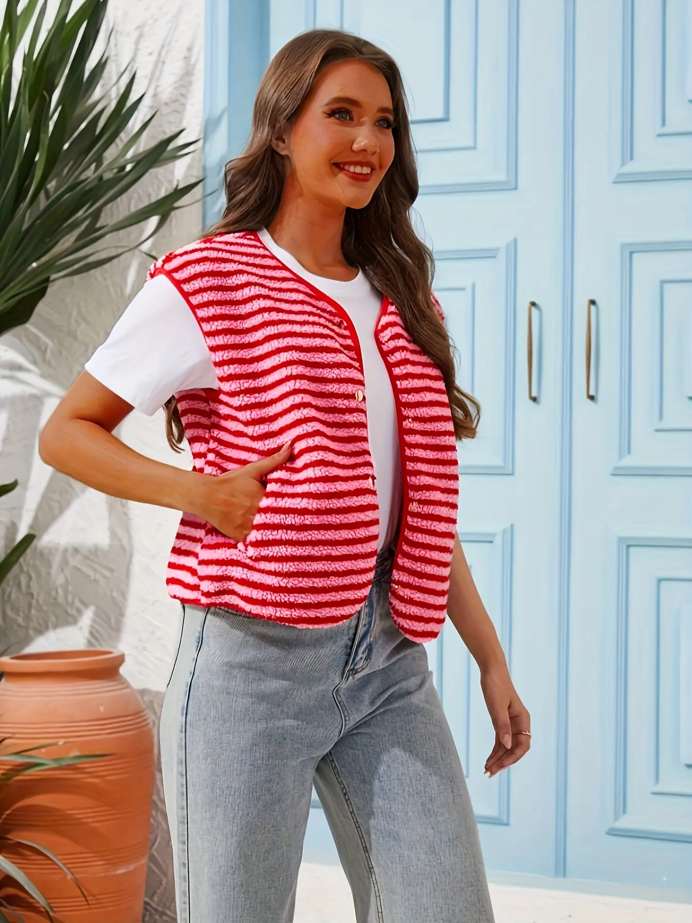 Elegant sleeveless vest jacket (striped jacket + heart pattern jacket)