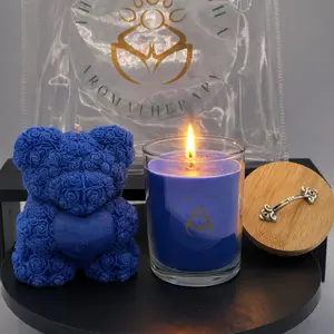 Navy Blue Unscented Rose Bear Candle Gift Set Aromatherapy Collection with Wooden Lid and Unique Design
