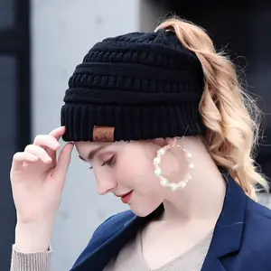 CC Winter Warm Ponytail Beanie Premium Solid-Color Knit Hat Adjustable High Ponytail Design Must-Have for Women's Outdoor Activities & Holiday Season