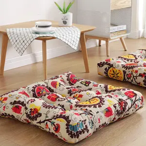 Boho Square Floor Seat Pillow Cushion 22" x 22", Soft Cotton Linen Bohemian Yoga Mandala Meditation Pouf for Living Room Adults Kids Casual Reading Nooks, Flowers Beige