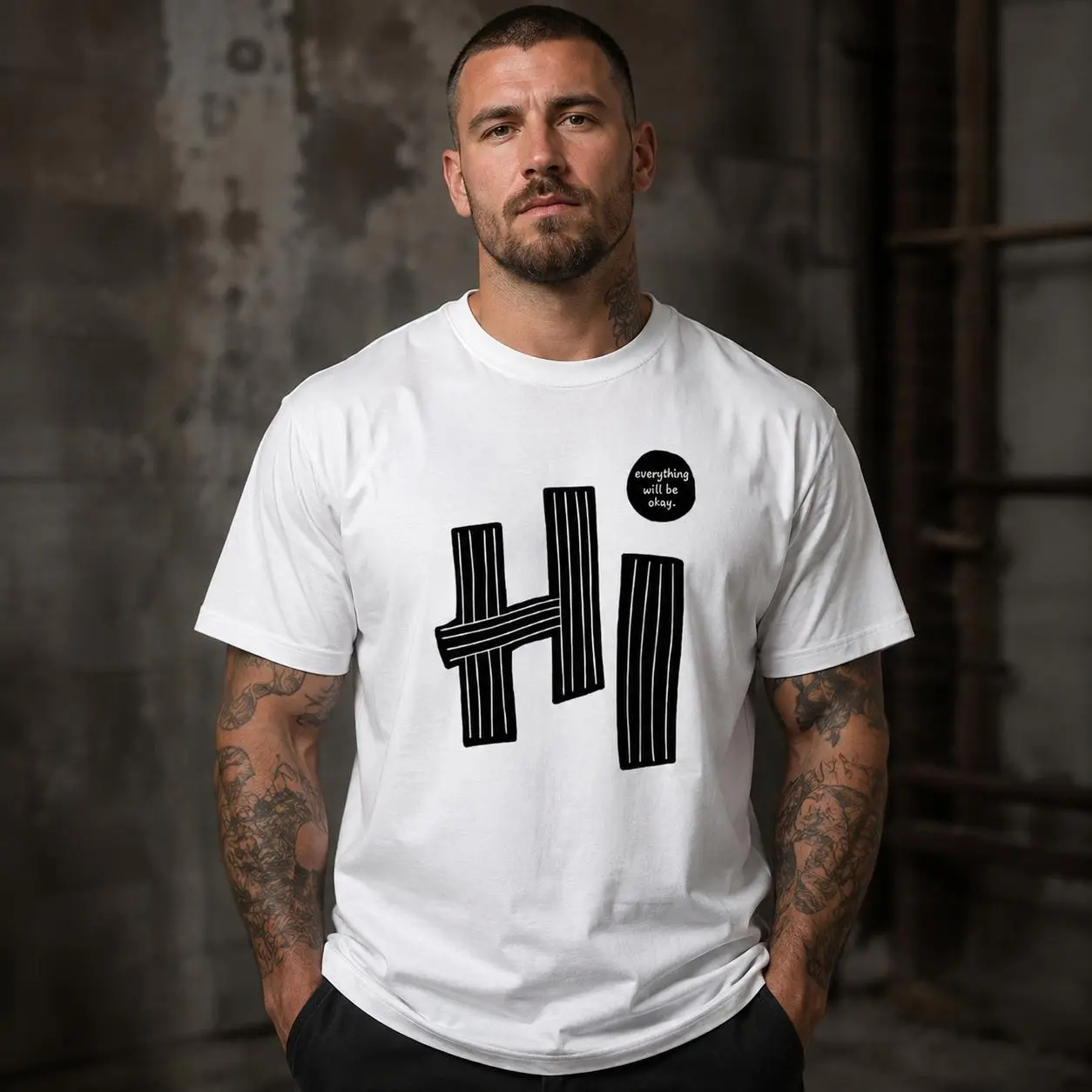 Men's Classic Casual Menswear Tee - "Everything Will Be Okay" Graphic, 200 gsm Cotton Crew Neck Short Sleeve White Tropical T-Shirt