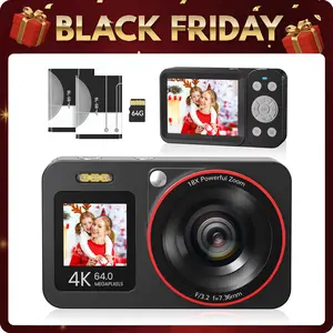 Deatti 4K Digital Camera, 1 Count 64MP Auto FocusDigital Camera,junior camera  Compact & Portable Camerawith 64G Memory Card & Battery,Compact 4K Digital Camera with Accessories Gifts for kids Black Flash