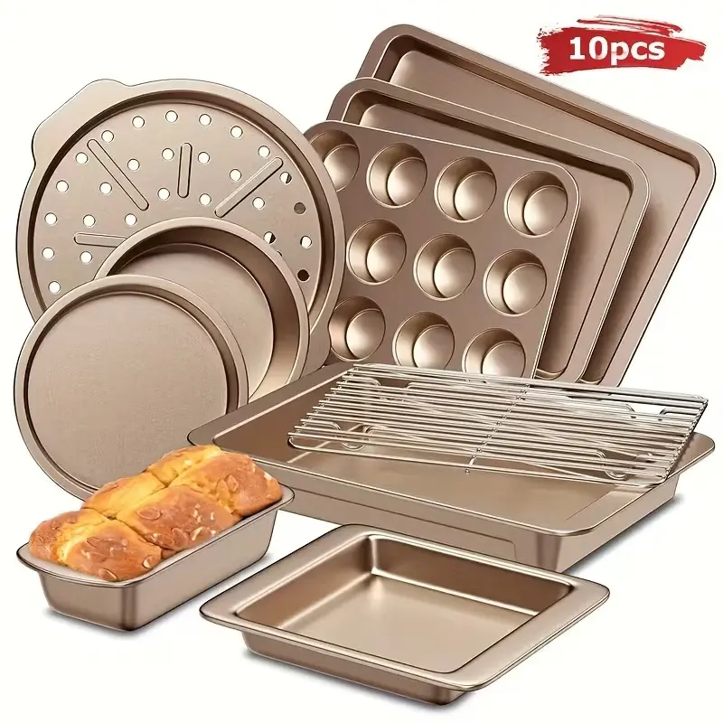 Set of 10 Non-Stick Baking Pans - Premium Carbon Steel Bakeware Collection with Cookie Sheets, Muffin Tray, Roasting Dish, Cake Tin, Baking Tray, And Pizza Pan - to Clean