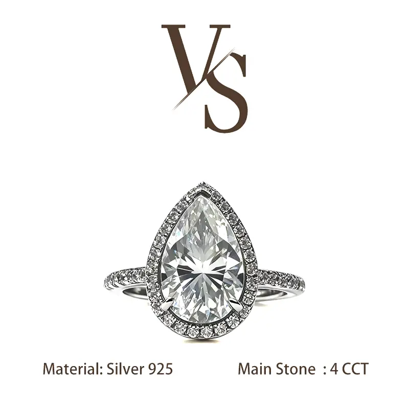 [Venus Jewelry] Synthetic Moissanite Pear 4 CCT Halo Design VVS 1 D Color Solid Silver 925 Diamond Band Design Ring