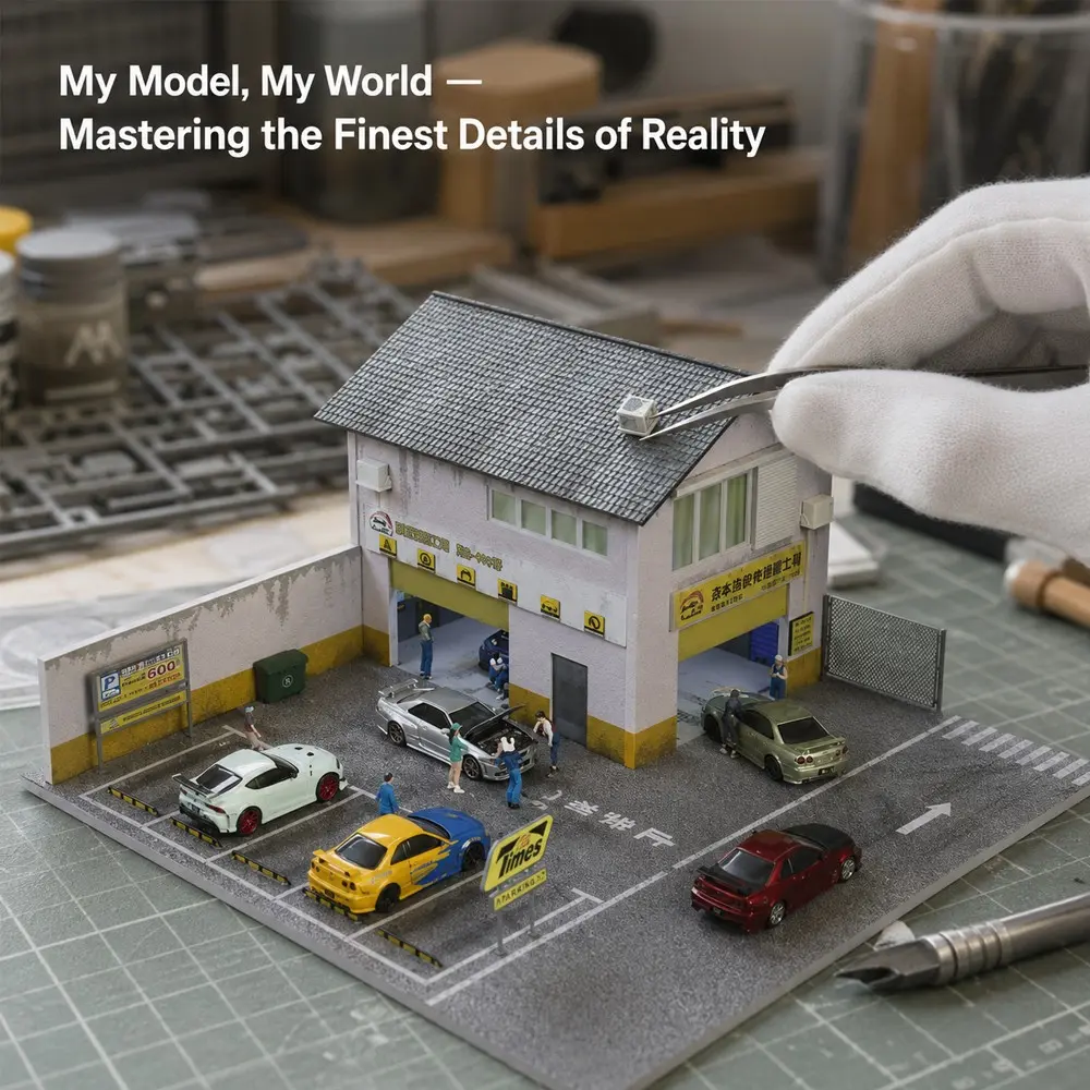 Diorama 1/64 Scale Car Garage Model LED Lighting City factory Building Model Fits For 1/64 Hot Wheels Model Car Display Case Collections Gift Toys