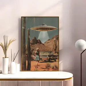 1PC, Canvas Hanging Painting, Decorative Painting, UFO Poster Wall Art, Vintage Wall Decoration, Sci-Fi Poster, UFO Alien Desert Wall Art, Girly Printable Wall Print, Aesthetic Room Decoration Gifts Birthday Graduation Artistic
