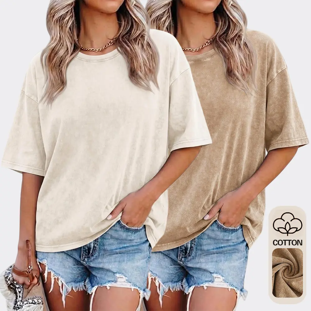 Women’s T-shirt made from washed pure cotton, thick, casual, and comfortable; loose solid-color basic top that is breathable and suitable for everyday wear and versatile styling.