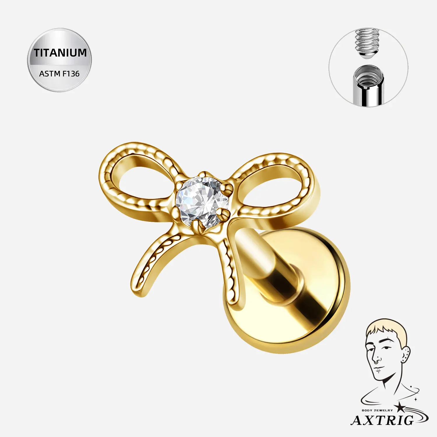 16G Titanium CZ Minimalist Bow Labret - Hypoallergenic Body, Internally Threaded 6MM Ear Piercing for Females, Everyday Wear conch jewelry, Hypoallergenic Jewelry