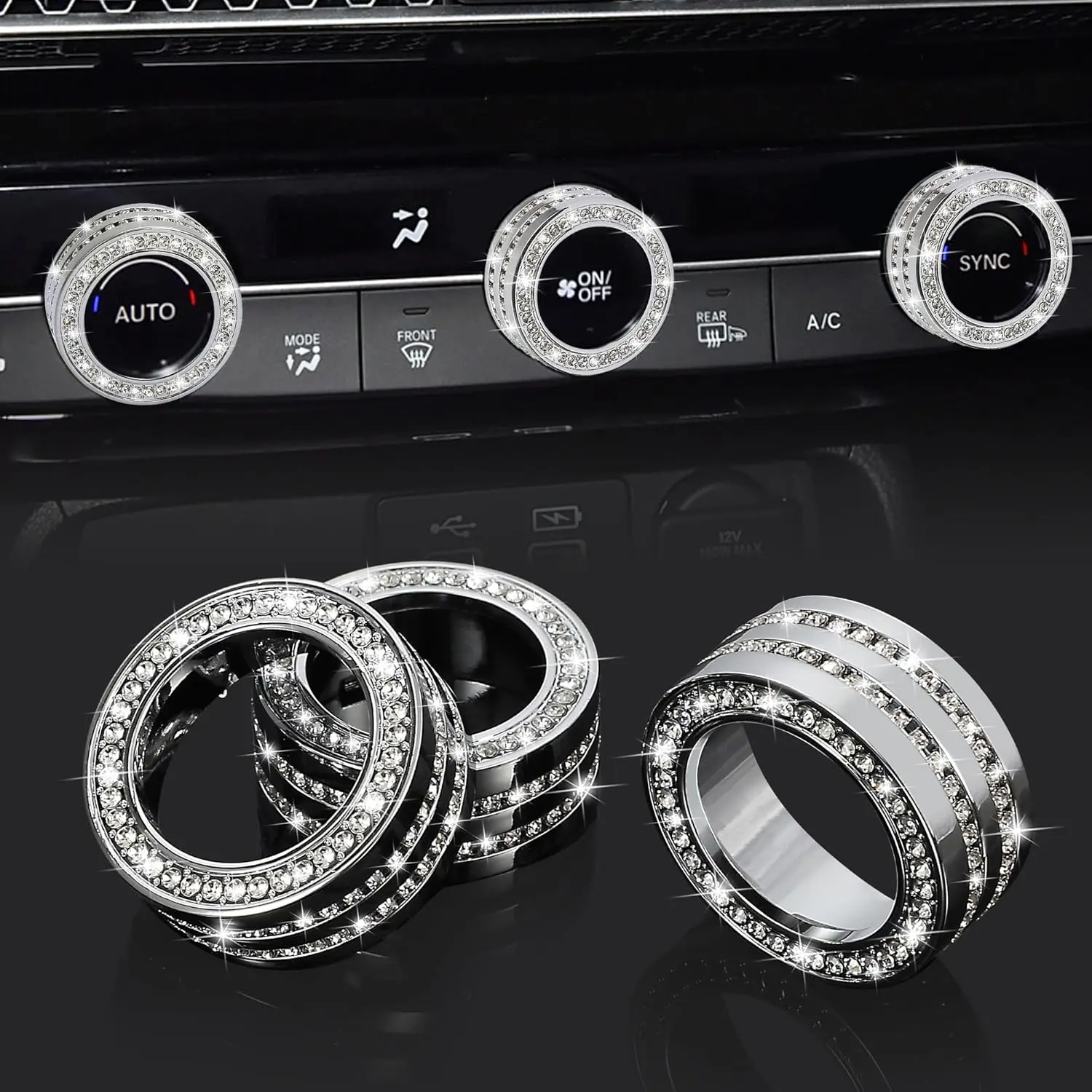 Bling Crystal Rhinestones AC Climate Knob Button Cover 1 Set - Car-Specific Adhesive Auto Interior Decoration for Honda Accord 2024-2025, CR-V, HR-V, Civic Centre Console Air Conditioner Switch Cap (Bright Sparkling Car Customization Accessory), Zinc Allo