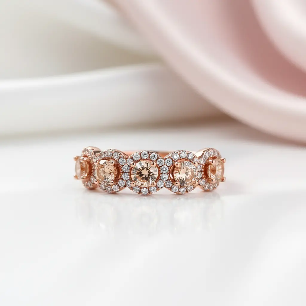 Rose Gold Halo Five Stone Champagne Stone Ring