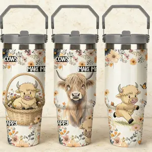 1pc 30oz Cute Highland Cow 30oz Insulated Tumbler with Straw and handle | Floral & 'Cows Make Me Happy' Design | Stainless Steel Travel Mug | Double-Walled, Leak-Proof | Adorable Farm Animal Gift for Cow Lovers