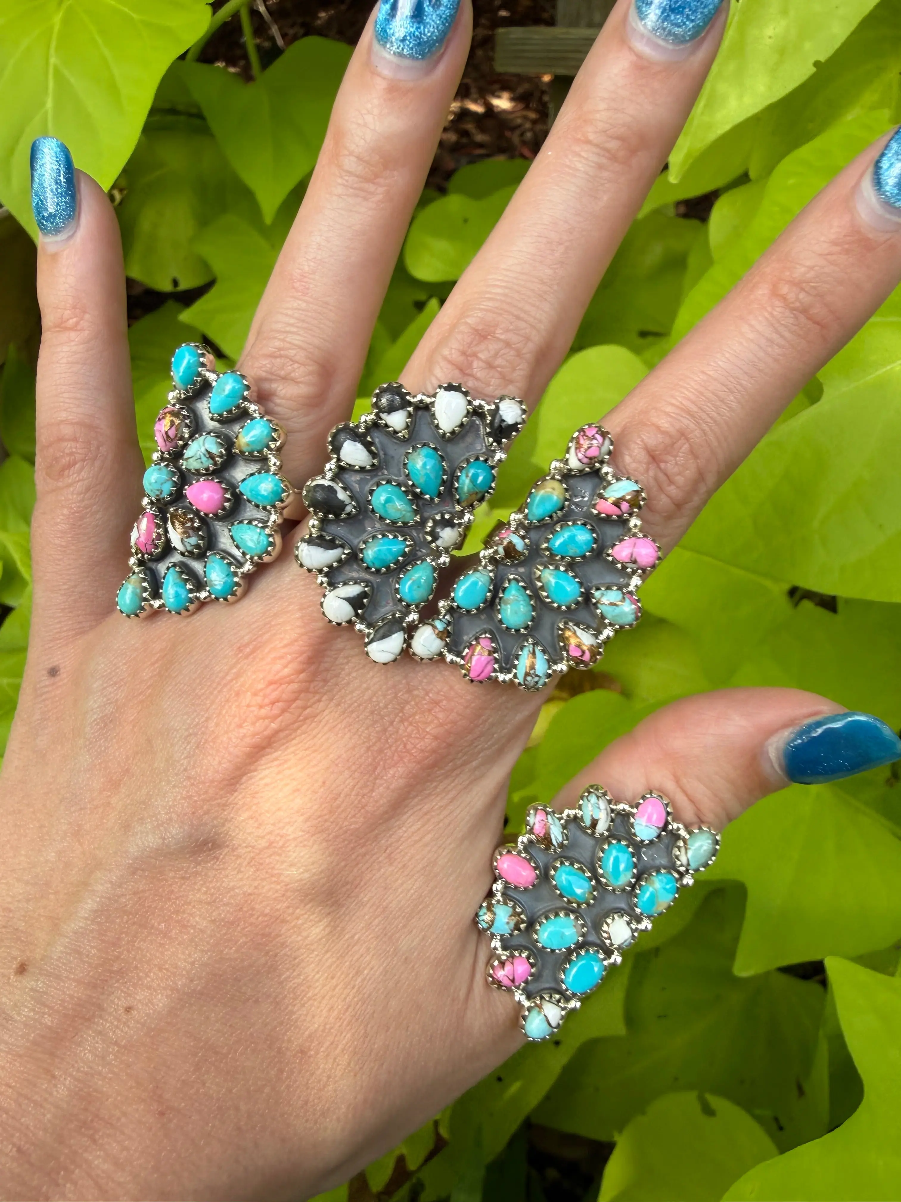 Cotton Candy, Kingman Turquoise, White Buffalo Half Circle Cluster Sterling Silver Adjustable Ring