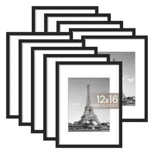 Picture Frame Set of 10, Display Pictures 8.5x11 with Mat or 12x16 Without, Multi Photo Frames Collage for Wall Display, Black