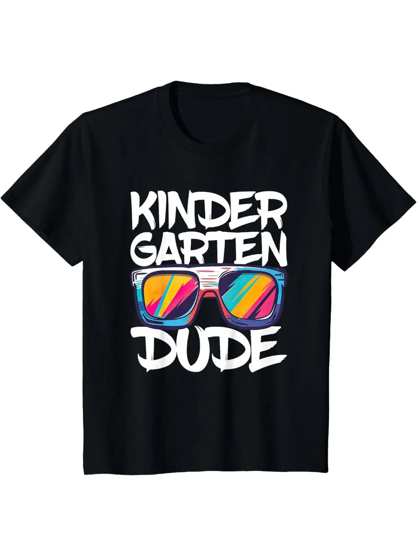 Kindergarten Dude Kids T-Shirt Retro Brush Font Colorful Striped Sunglasses Short Sleeve Cotton Black Gender Neutral Toddler Boys Girls Back To School Cool Casual Tee