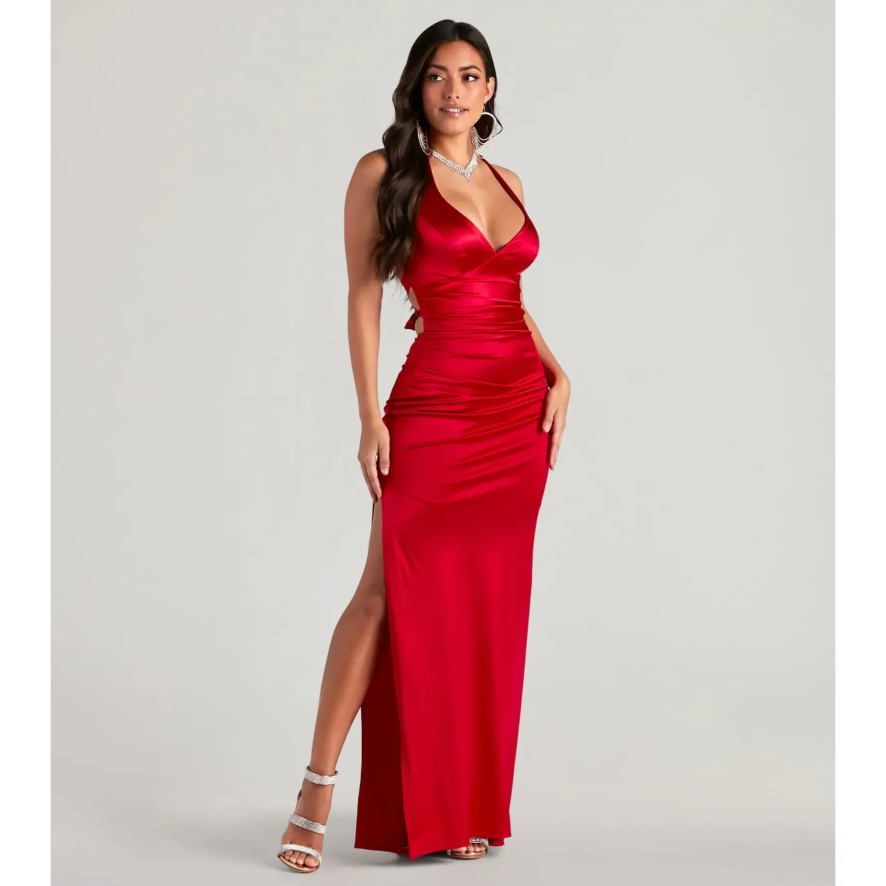 Jamie Lace-Up Satin Formal Column Dress