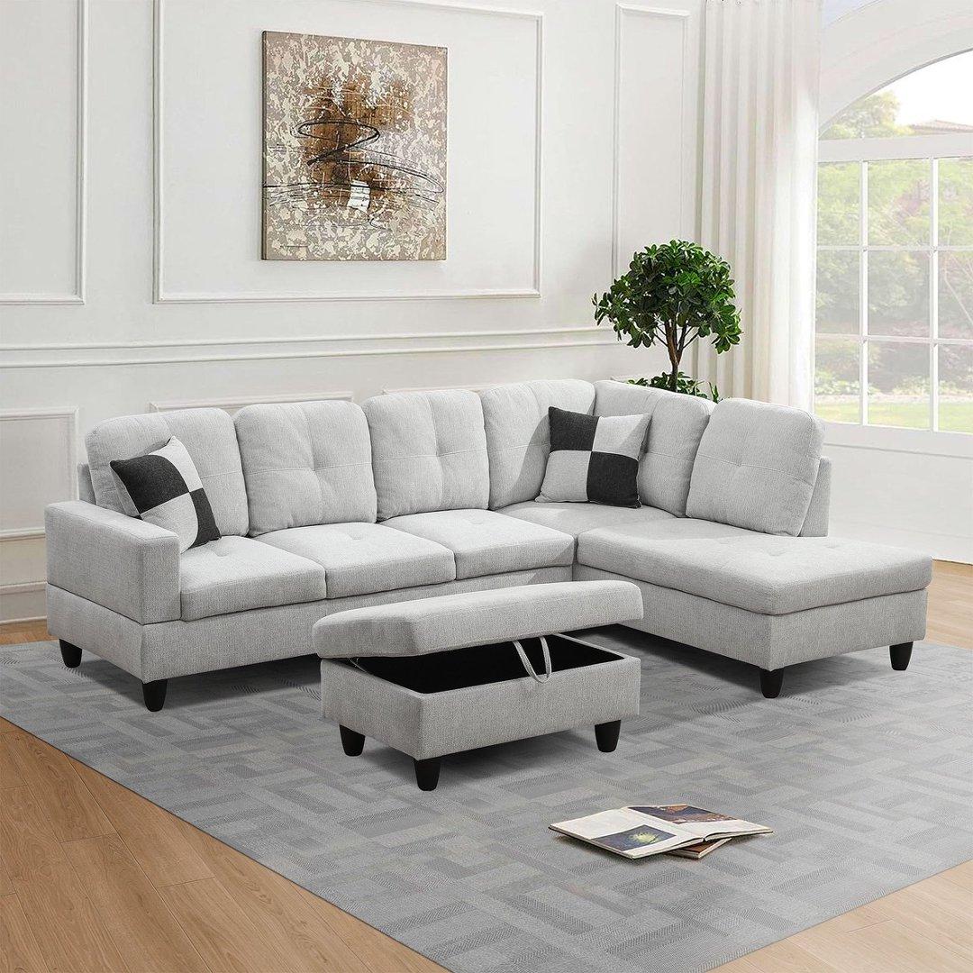 Light Grey Flannel 3-Piece Couch Living Room Sofa Set