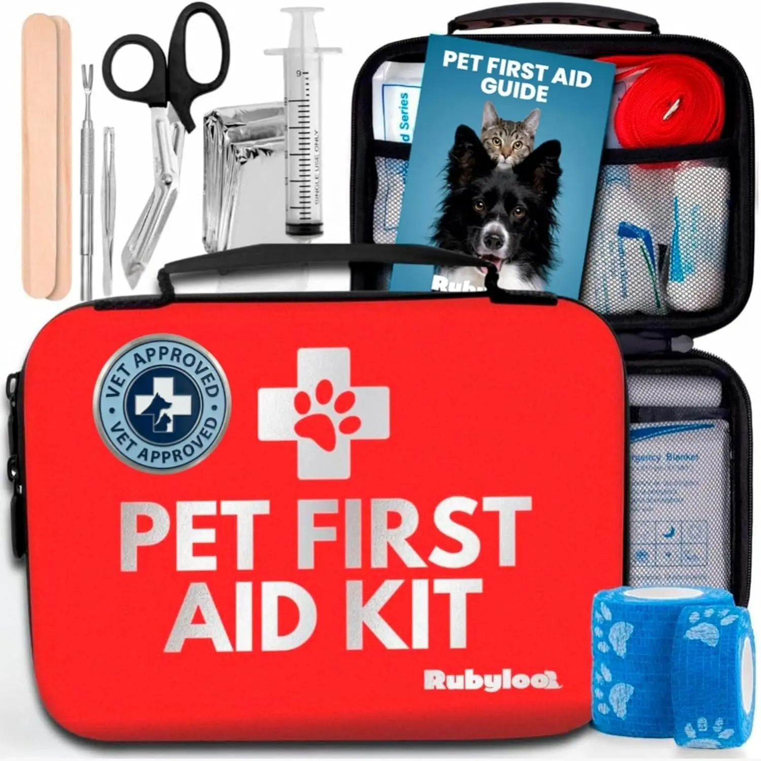 Vet-Approved Dog First Aid Kit - Portable Ready-to-Go Emergency Supplies with Pet Guide, Tick Remover, Slip Leash, Self-Adhesive Medical Essentials, Eye & Wound Wash for Home, Camping, Travel (Essential Pack)