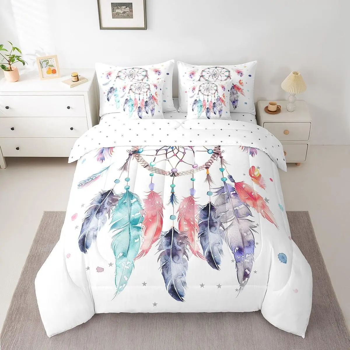 Dreamcatcher Comforter Set 7 Piece Boho Dream Catcher Bedding Set Bohemian Bedding Comforter Set Women Decor Floral Flowers Hippie Feather Bed Set Quilt