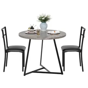 Grey Round Dining Table Set for 2, Modern Kitchen Table Chairs Set of 2,Small Dining Room Table Set with 2 Upholstered Chairs, Furniture Set Dinette for Small Place,Apartment