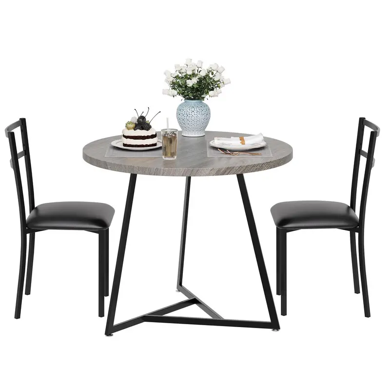 Modern Grey 2-Piece Round Home Dining Table Set - PU Leather Upholstered Chairs, Wood Grain Compact Scandinavian Dinette Furniture, Easy Setup Dining Tables for Small Spaces, Entertaining at Home