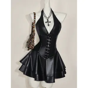 Women's Y2k Fashionable Gyaru Concert Women Outfit Club Party Festival Rave Outfit Y2k Going Out Cross Strap PU Leather Open Back Mini Halter Black Dress