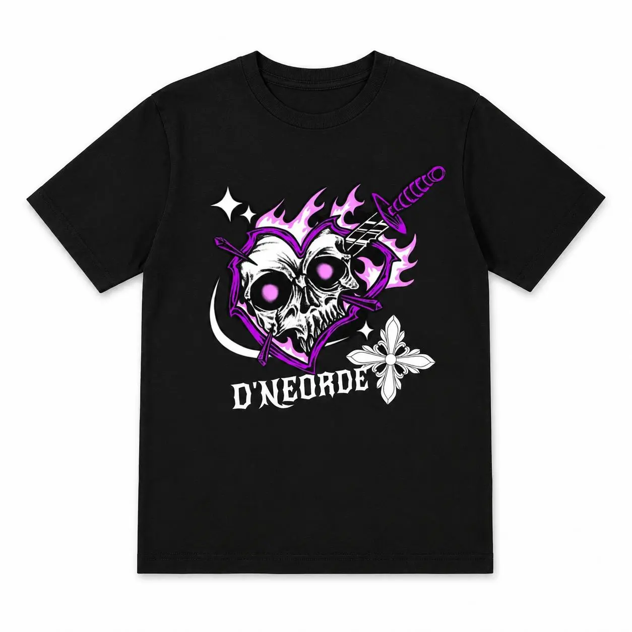 DNEORDE Gothic Skull Heart Graphic T Shirt Black Purple Flame Tee Dark Fantasy Streetwear Punk Rock Y2K Casual Oversized Shirt