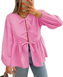 Tankaneo Womens Tie Front Tops Blouses Long Puff Sleeve Peplum Babydoll Bow Shirt Summer Coquette Tops