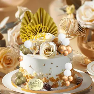32 Paper Fan Cake Decorations, Baking Cake Decor, Gold Foam Ball Insert Plugs, Birthday Cake Decoration