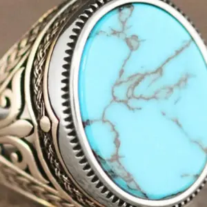 Vintage silver plated ring with egg shaped turquoise stone inlay classic design on daily wear, party accessories, luxury jewelry for men and women