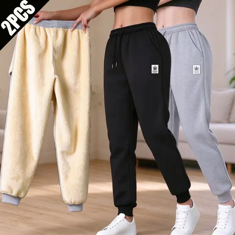 Women's Mid-Waisted Autumn-Winter Fleece Jogging Pants - Casual Wear Bottoms