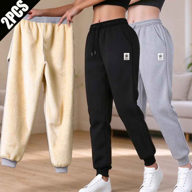 Women's Mid-Waisted Autumn-Winter Fleece Jogging Pants - Casual Wear Bottoms