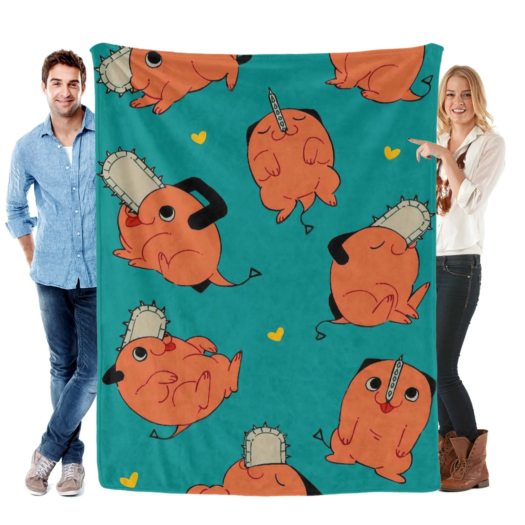 Chainsaw Man Pochita Pattern Flannel Blanket Adorable with Cute Pochita Poses Chainsaw Details & Yellow Hearts on Teal Backdrop for Anime Fans