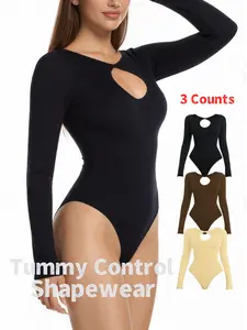 Women's Plain Long Sleeve Shapewear Bodysuit, Thong Style Three-Button Design, Slimming Tummy Control & Butt Lifting, Ladies Intimate Apparel