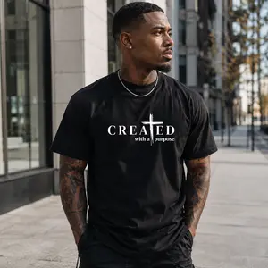 Men’s "Created with a Purpose" Christian graphic T-shirt, cross faith quote print tee, casual crew neck, perfect for church outfits, faith wear, and streetwear. Cotton Fabric Menswear Top Day Tshirt Soft Short Crewneck Tropical Wetsuit