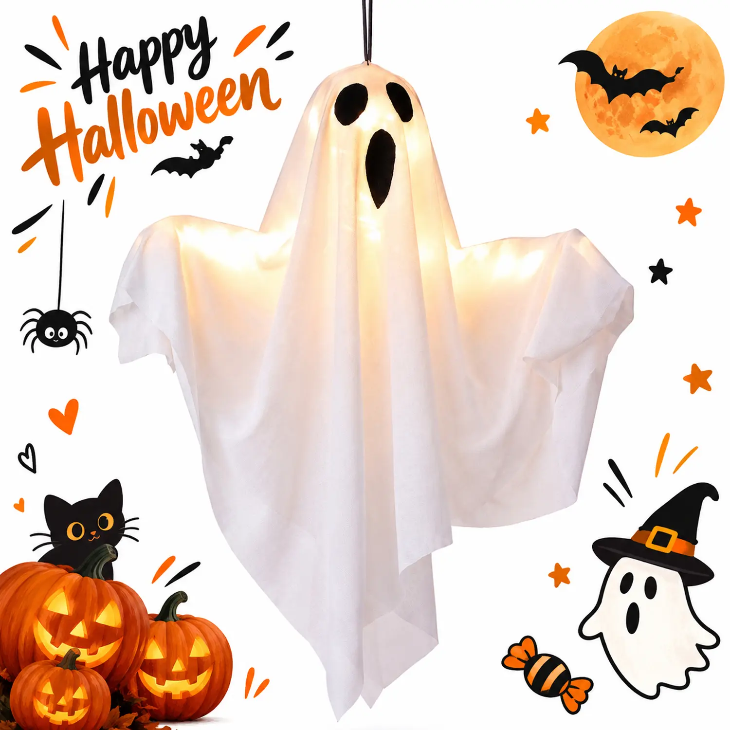 1 PCS Halloween Hanging Light Up Ghost Decor LED Halloween Decorative Light with Battery for Yard Patio Tree Door Wall Window Spooky Home Party Decor