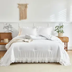 White Ruffle Comforter Set Full/Queen Size, 3-Piece (1 Ruffled Comforter and 2 Pillowcases) Farmhouse Style with 2 Layers Ruffle, Color Lightweight Bedding Sets for All Season