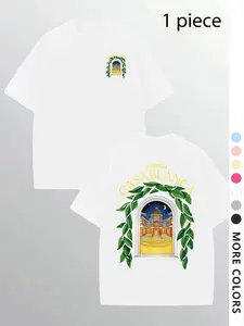 Men's Casual Loose-Fitting Knit Short Sleeve T-Shirt with Casablanca Palace Print, Comfortable Round Neck Tee for Outdoor & Gym, Stylish Summer Essential