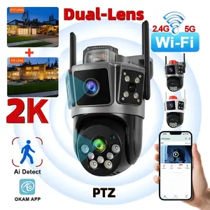 Dual Lens 3-Scene WiFi Security Camera, 2K HD, 355° PTZ. Features color night vision, AI human detection & alarm. Ideal for monitoring elders, kids and pets. Supports WiFi link, APP remote control and cloud storage for home safety.