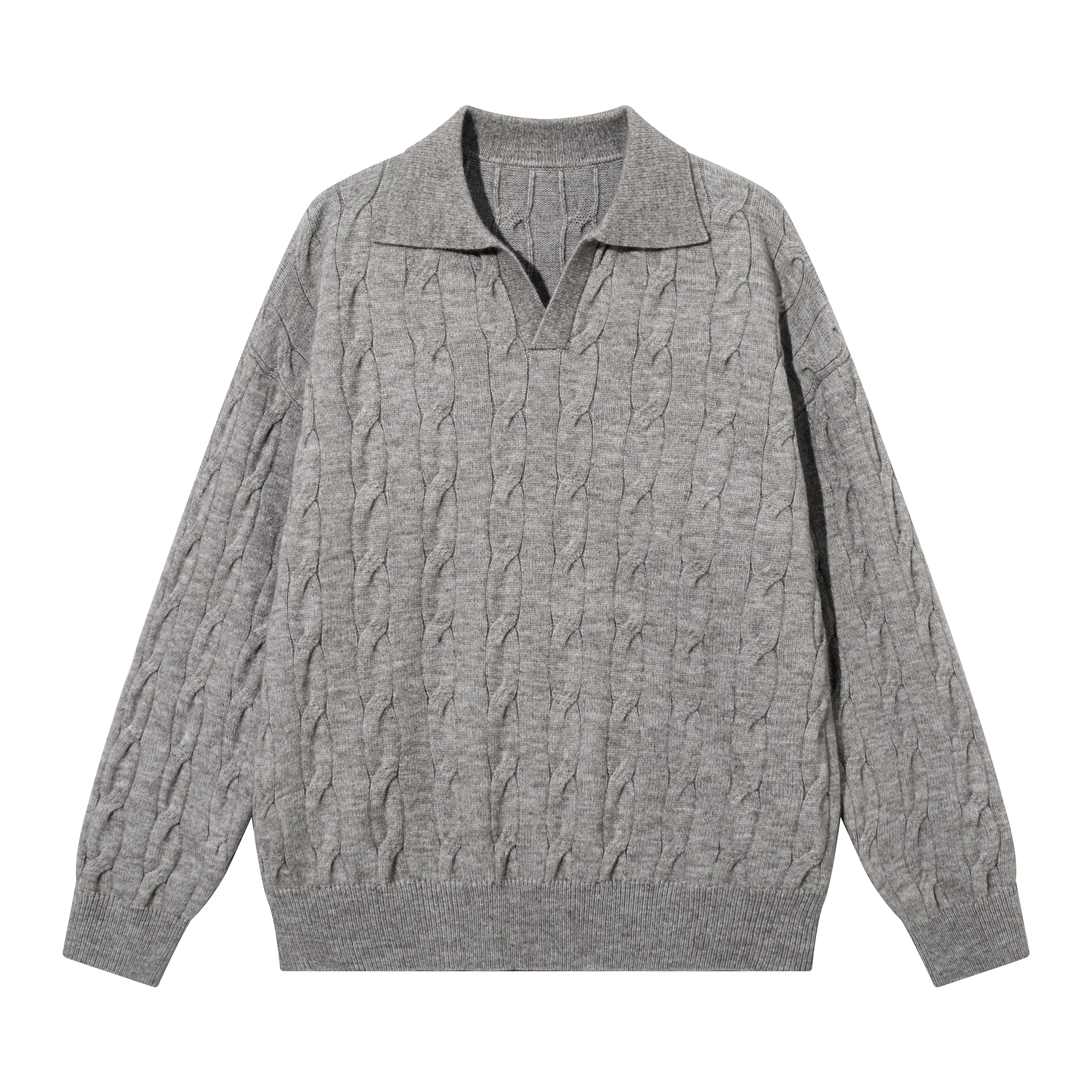 Men’s V-Neck Twist Texture Knit Sweater - Polo-Collar, Loose Fit, Acrylic Blend, Long-Sleeve Casual Streetwear Pullover with Ribbed Detail, for Everyday Wear, Daily Commuting