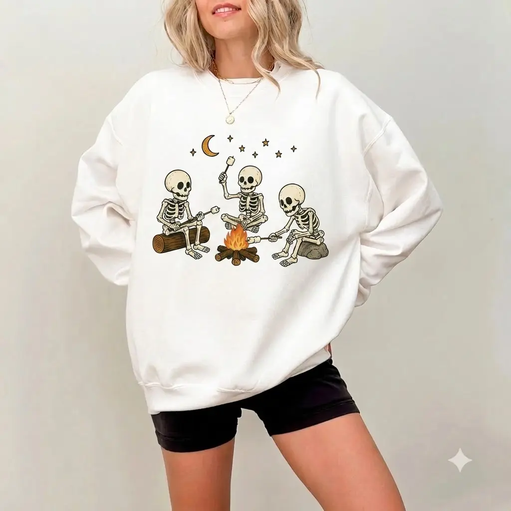Funny Skeleton Camping sweatshirt, Three Skeletons Roasting Marshmallows Around Campfire sweatshirt, Halloween Outdoor Sweatshirt Gift sweatshirt
