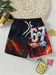 Boys Lightning Football Sixseven Print 3D Beach Shorts, Swim Board Shorts, Swimwear Shorts, Summer Cool Sporty Kids Short Pants, Outdoor Gift, Birthday Present, Swimwear Clothes