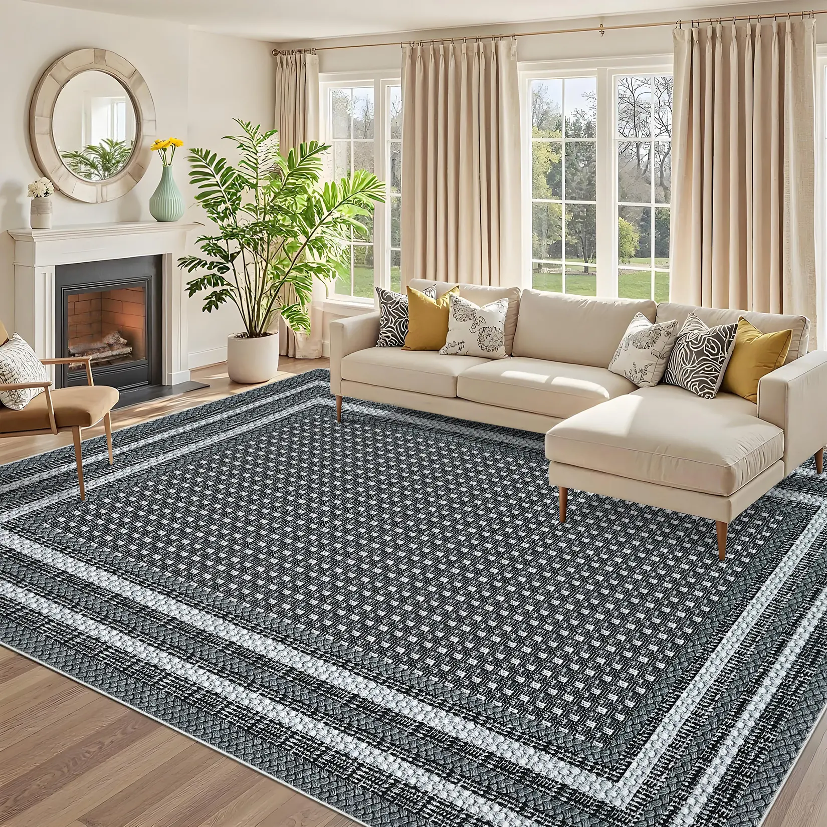 Washable Foldable Printed Carpet, Modern Linen Frame, All-Room Rug, Black And Gray