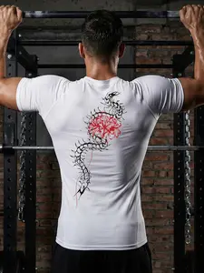 Red Spider Lily Print Short Sleeve Compression Shirt for Men, Gym Workout Running Tight-Fitting Sporty Tees, Summer Quick-Dry Breathable Round Neck T-Shirt Tops, Activewear Sportswear