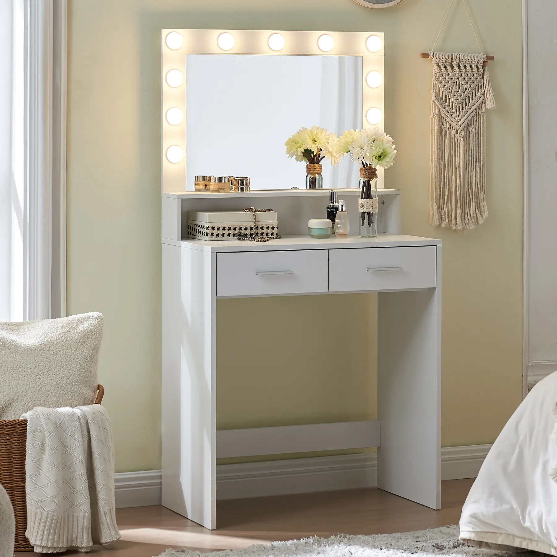 Hollywood Glam Vanity Sets Desk - Particle Board Dressing Table with 11 Bright Bulbs, 3 Lighting Modes, Storage Drawer, Assembly Required, 27.5L x 15.7W Indoor Furniture for Bedroom Organization, Special Dinner Dates