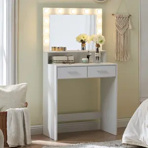 Hollywood Glam Vanity Desk with 11 Bright Bulbs 3 Lighting Modes Mirror Lights Storage Drawer for Bedroom Organization 27.5L x 15.7W