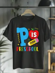 100% Cotton P Is For Preschool Shirt Funny First Day Of School Teacher T-Shirt Short Sleeve T-Shirt Women's Men's Graphic Tee Causal Tops