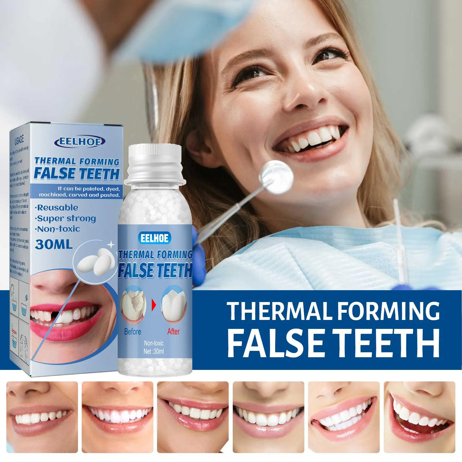 EELHOE Moldable Dental Gel Dentures Temporary Fillings for Broken Teeth, Cavities & Gaps | Shapeable Tooth Repair Kit with Dental Glue Film & Makeup | Oral Care Fake Tooth Replacement Solution Reusable Natural Smile Dental Veneers Whitening
