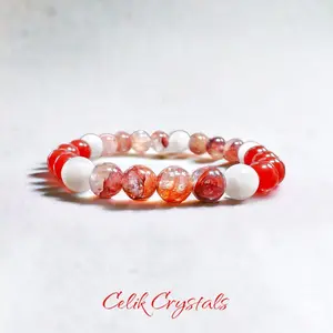 Fire Quartz, Carnelian, Moonstone Bracelet Celik Crystals Original Design Natural Healing Stones Stretch Crystal Bracelet Soothing Energy